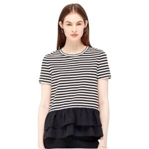 Kate Spade Broome Street Shirt Women Small Black White Striped Ruffle Peplum Top